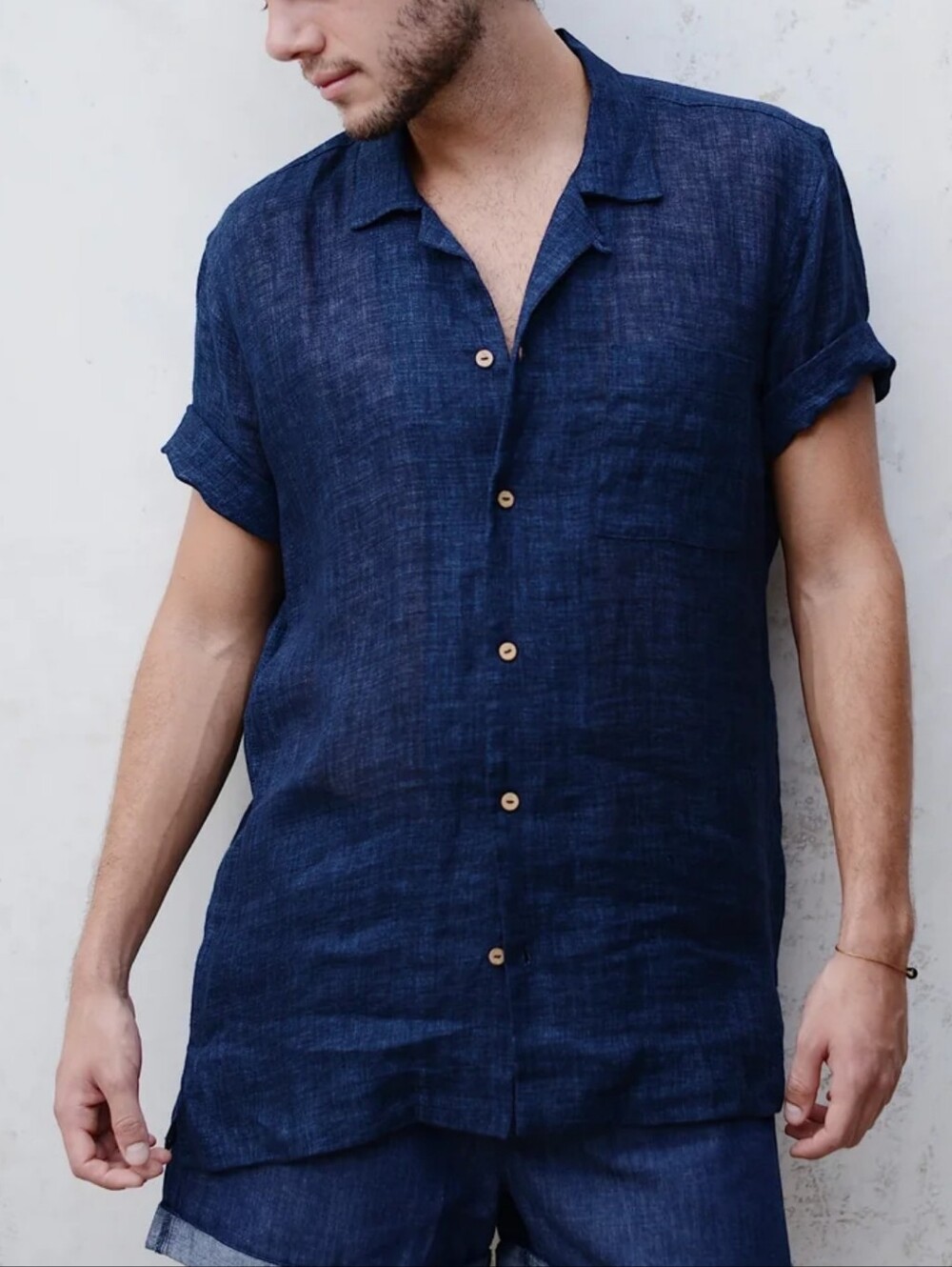 Premium 100% Linen S/M Navy Blue Button-Down Loose Shirt Claude Tulum Cameron
